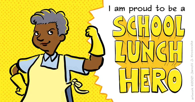 cartoon of woman wearing yellow apron and gloves. I am proud to be a school lunch hero.