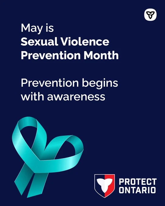 Teal ribbon on a blue background. Text reads: May is Sexual Violence Prevention Month — prevention begins with awareness.