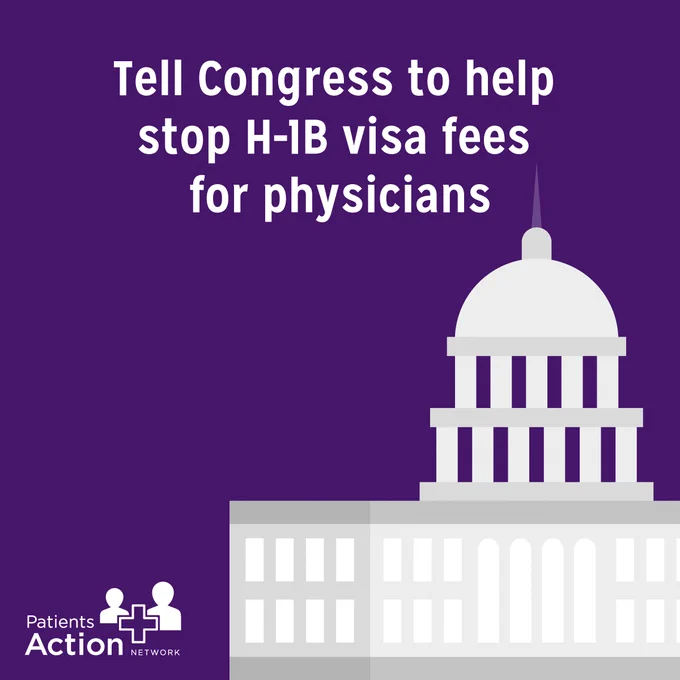 Purple background with an image of the Capitol building and text that says "Tell Congress to help stop H1-B visa fees for physicians"
