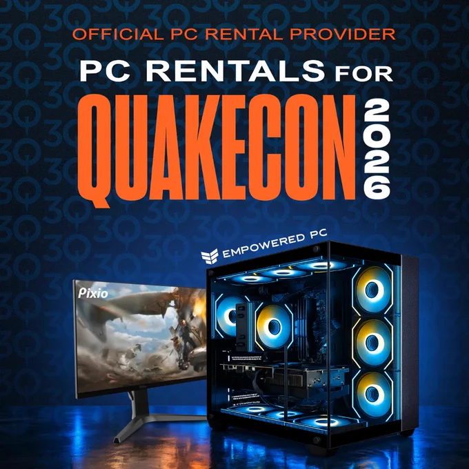 QuakeCon 30th Anniversary image focused on Empowered PC rentals for the event.