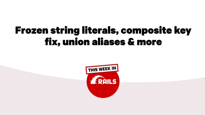 This Week in Rails logo with copy: Frozen string literals, composite key fix, union aliases & more