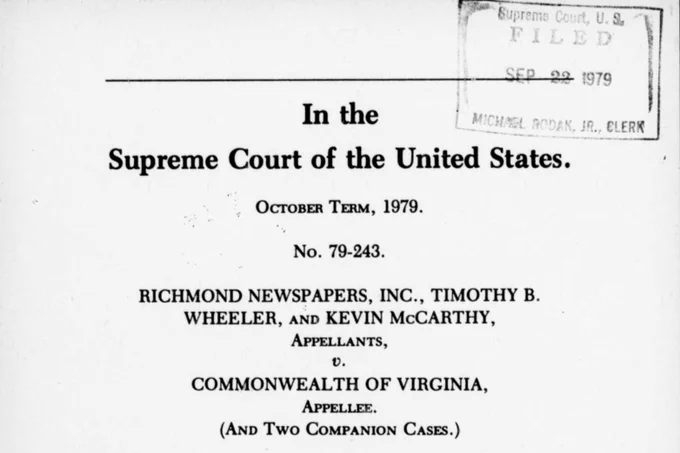 The top portion of the first page of legal filing in Richmond Newspapers, Inc. v. Commonwealth of Virginia, Supreme Court of the United States, October Term 1979, Case No. 79-243. A Supreme Court filing stamp in the upper right corner shows the document was received on September 22, 1979, by clerk Michael Rodak Jr. The appellants are listed as Richmond Newspapers, Inc., Timothy B. Wheeler, and Kevin McCarthy, with the Commonwealth of Virginia as appellee. The document notes two companion cases.