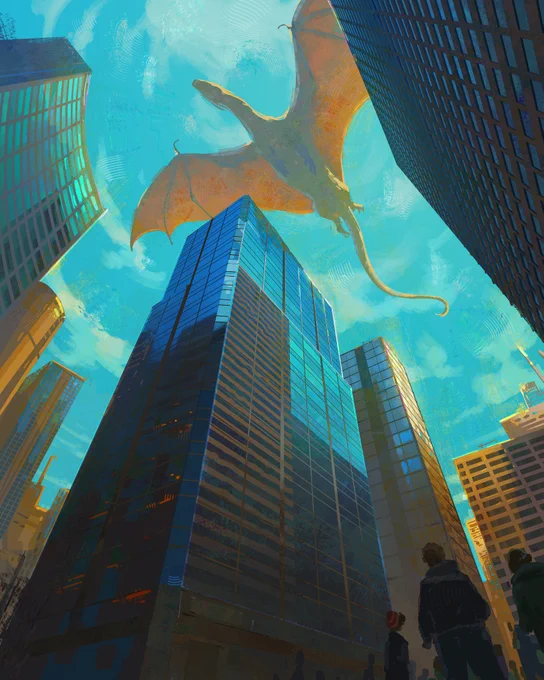 In this digital painting, a massive dragon soars above skyscrapers in a city. Pedestrians stop to gaze up at the dragon from the bottom right corner. The sky is a bright cyan with pale clouds. The city is shadowed with reflective windows bouncing back the light of the sky. 
