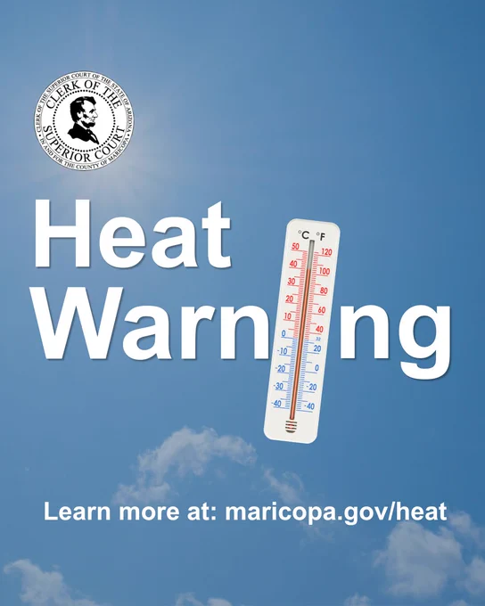 Heat warning alert with a thermometer showing high temperatures against a clear blue sky background.