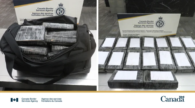 Collage of seized cocaine displayed on table and filled in duffel bag. 