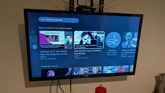 Hotel TV showing Carl's SteelCon talk on YouTube