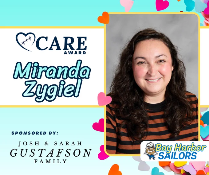 Portrait of Miranda Zygiel, recipient of the Care Award, with colorful heart decorations and sponsor credit to the Gustafson family.