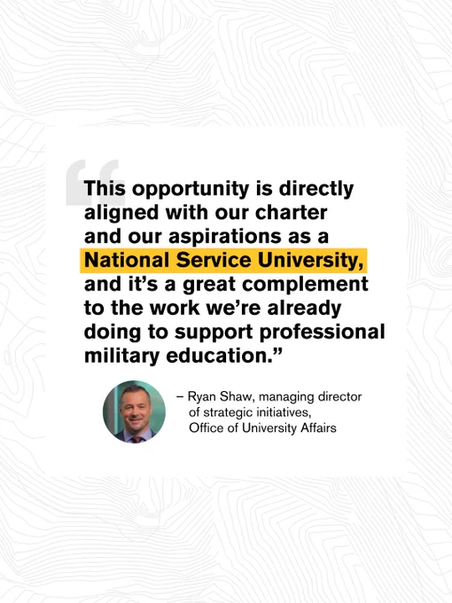 Quote about aspirations as a National Service University with a portrait of Ryan Shaw.