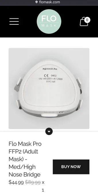 Screenshot from the FloMask website flomask.com showing an image of the Flo Mask Pro for adults. The price is reduced from $89.99 to $44.99 USD.