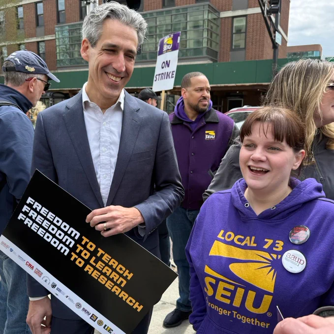Daniel Biss, Mayor of Evanston and candidate for Congress (IL-09) with Alyson Paige Warren of Faculty Forward SEIU 73 and Loyola AAUP.