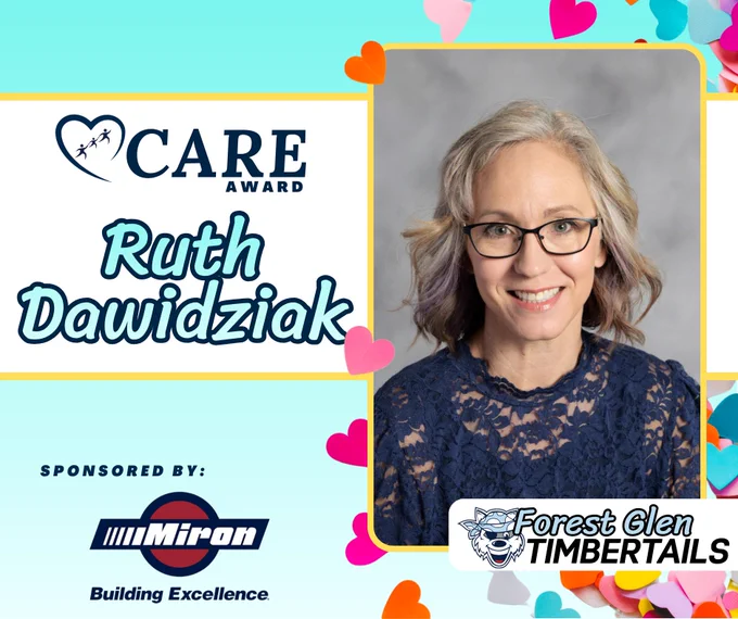 Portrait of Ruth Dawidziak, recipient of the Care Award, framed by colorful hearts on a light blue background.