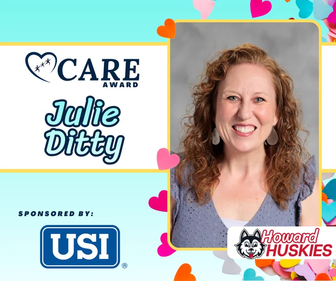 Portrait of Julie Ditty, recipient of the Care Award, with colorful heart decorations and Howard Huskies logo.