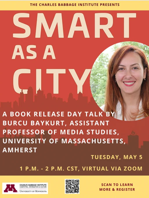 Flyer for online talk by Burcu Baykurt "Smart as a City" image and event information