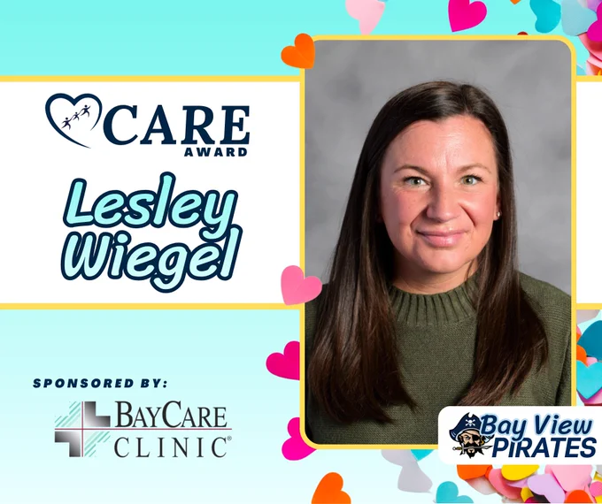 Portrait of Lesley Wiegel, recipient of the Care Award sponsored by BayCare Clinic, with colorful heart decorations around the frame.