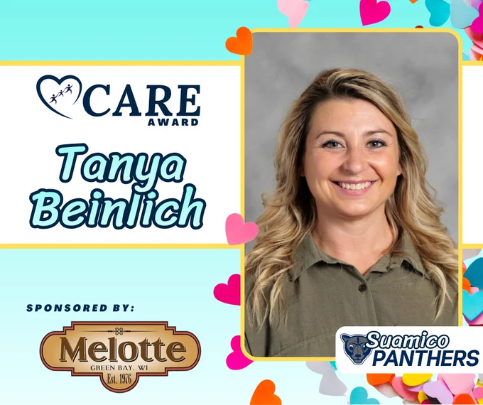 Portrait of Tanya Beinlich, recipient of the CARE Award, with colorful heart decorations and Suminco Panthers logo.
