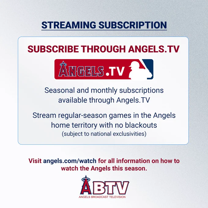 Streaming Subscription. Subscribe through Angels.TV: Seasonal and monthly subscriptions available through Angels.TV. Stream regular-season games in the Angels home territory with no blackouts (subject to national exclusivities). Visit angels.com/watch for all information on how to watch the Angels this season.
