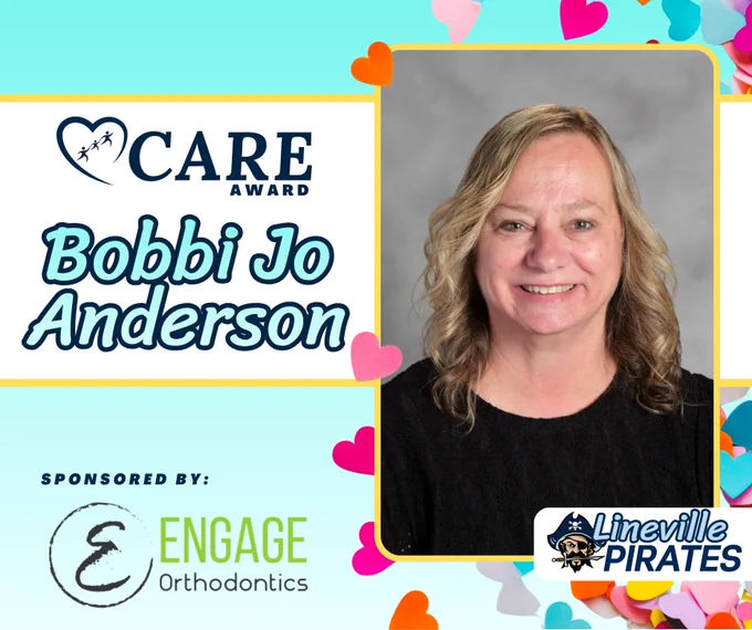 Portrait of Bobbi Jo Anderson recognized with the Care Award, sponsored by Engage Orthodontics, featuring Lineville Pirates logo.