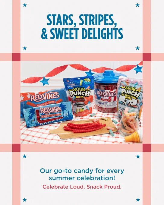 A festive display featuring Red Vines and Sour Punch candy products on a checkered tablecloth. Red and blue decorations surround the candies. The text above reads, "Stars, Stripes, & Sweet Delights," and below states, "Our go-to candy for every summer celebration! Celebrate Loud. Snack Proud.
