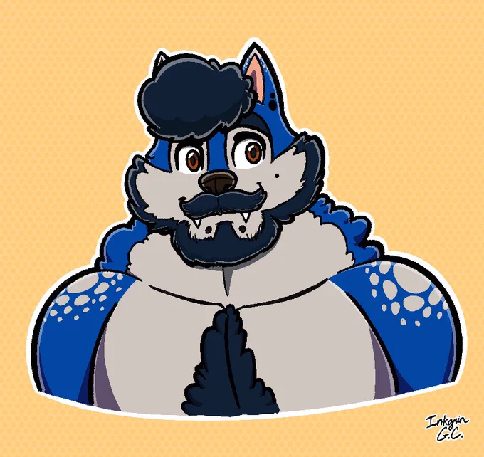 A bust Illustration of a male wolf/husky hybrid fursona with blue fur and dark indigo curly hair. He has brown eyes, a small beauty mark under his right eye, both 2 dots-likes and 2 snake bite piercings on both ears and lower lips, respectively, a disconnect short boxed beard style, and subtle polkadot markings on both ears’s tips and shoulders. The expression is friendly, showing his face and upper chest and subtle chest hair for a profile picture-style artwork.