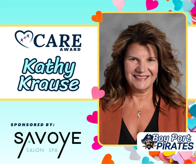 Portrait of Kathy Krause recognized with the Care Award, sponsored by Savoye Salon Spa, featuring Bay Port Pirates logo.