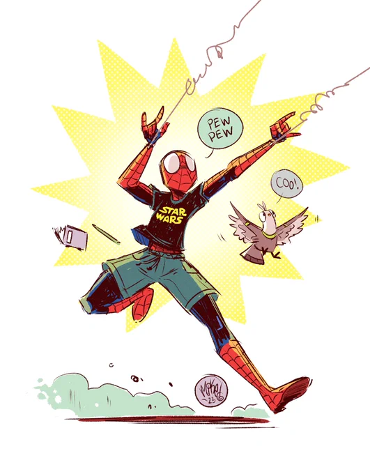 Spider-Man and his pigeon pal, Mark, looking like they might've just watched some really old movie in a galaxy far, far away.