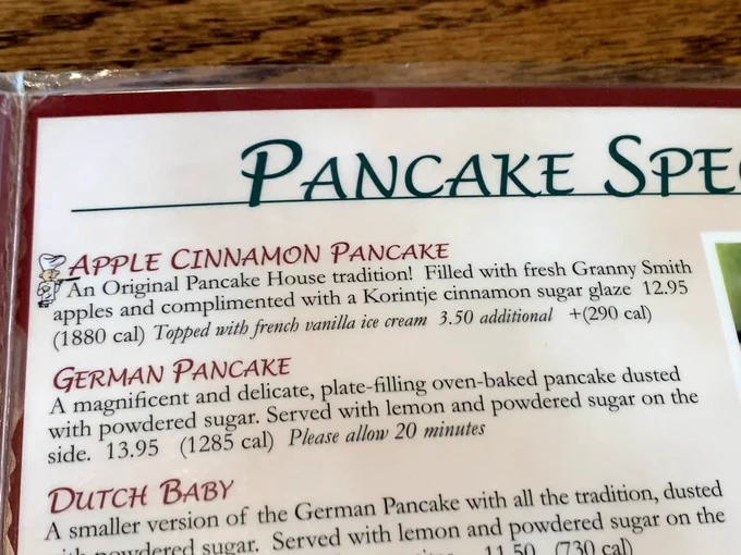 menu listing for the apple cinnamon pancake at walker bros