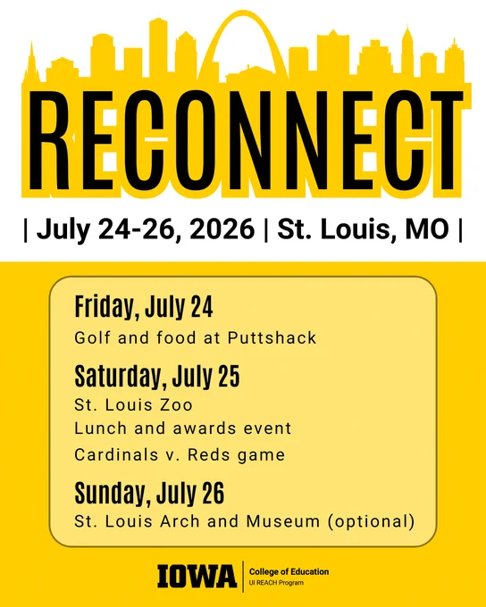 ReConnect
July 24-26, 2026
St. Louis, MO
Friday, July 24
Golf and food at Puttshack
Saturday, July 25
St. Louis Zoo
Lunch and awards event
Cardinals v. Reds game
Sunday, July 26
St. Louis Arch and Museum (optional)
