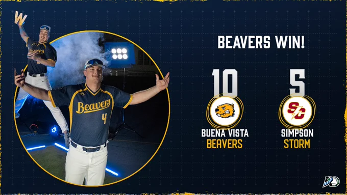 Score graphic: Beavers 10, Storm 5. Buena Vista wins!