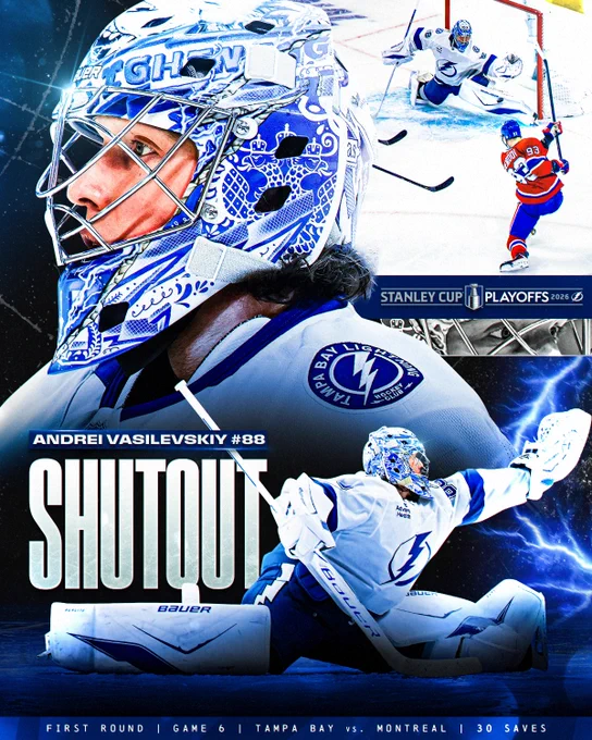 Top right: Photo of Andrei Vasilevskiy making a stop on Ivan Demidov.\n\nMiddle: Two photos of Andrei Vasilevskiy on ice in a Lightning uniform.\n\nBottom: White text on a blue background reading \"Andrei Vasilevskiy #88 shutout. First Round, Game 6, Tampa Bay vs. Montreal, 30 saves\"