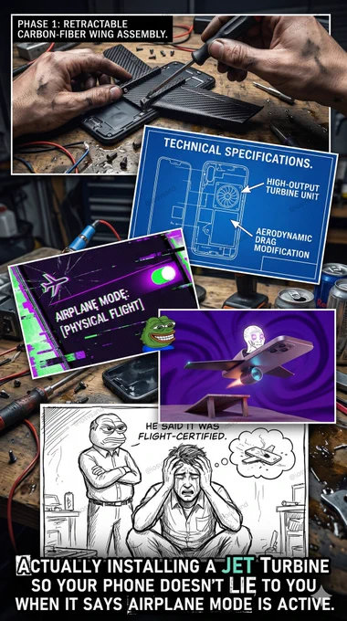 Multi-panel meme: A phone is modded with carbon-fiber wings and a jet turbine. Text: "Actually installing a JET Turbine so your phone doesn't lie."