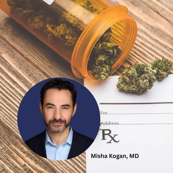 photo of medical cannabis with inset photo of Dr. Misha Kogan.