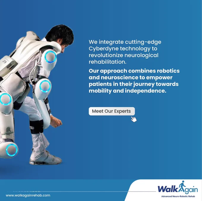 Promotional graphic with a blue background featuring a person wearing a white robotic exoskeleton suit, representing Cyberdyne rehabilitation technology. Text explains integrating cutting-edge Cyberdyne technology to revolutionize neurological rehabilitation by combining robotics and neuroscience to support mobility and independence. A “Meet Our Experts” button appears in the center. Walk Again Rehab logo and website are shown at the bottom.