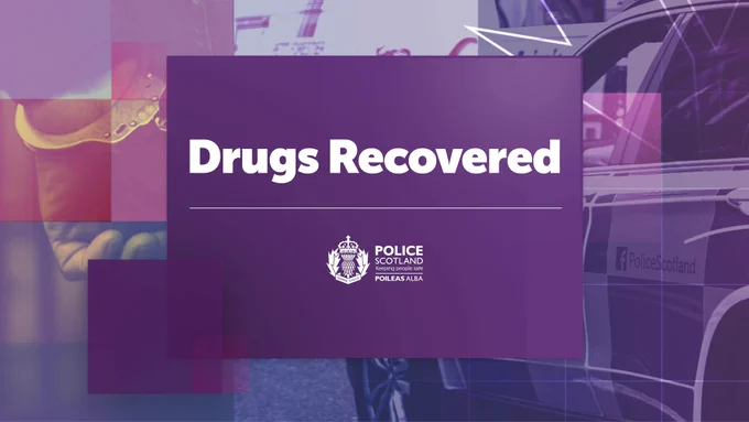 Purple Police Scotland graphic displaying the words ‘Drugs Recovered’, with abstract layered shapes in the background and the Police Scotland logo.