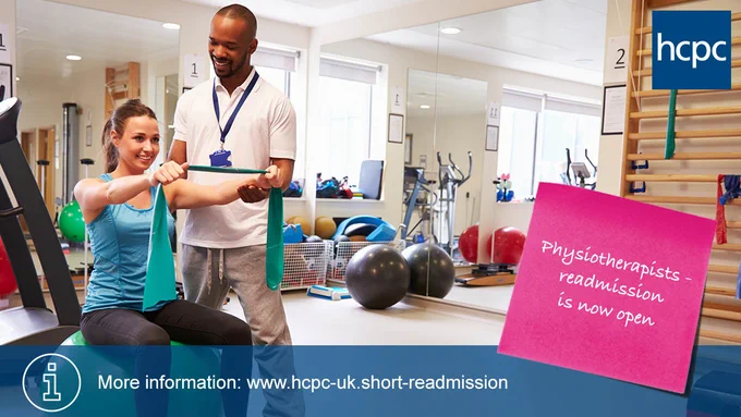 A physiotherapist assists a patient using a resistance band in a bright rehabilitation gym with exercise balls and equipment.