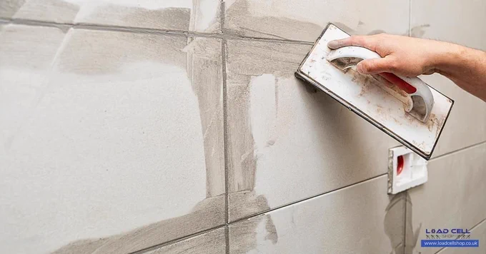 A hand holds a grout float, spreading grout over the joints between large, light grey wall tiles. The wall appears partially finished, and a white electrical socket is visible in the lower right corner.