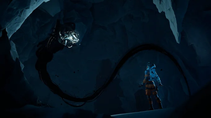Screenshot of new game - Illustration of dark screen of snake type creature standing above a person with a backpack on