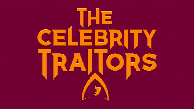 The Celebrity Traitors is written in orange on a maroon backgroud with the outline of a hooded figure.