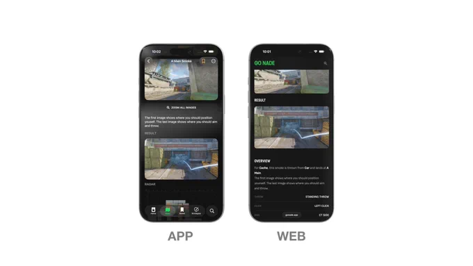 A comparison between the visuals of GO NADE on the iOS app vs the web viewer.
