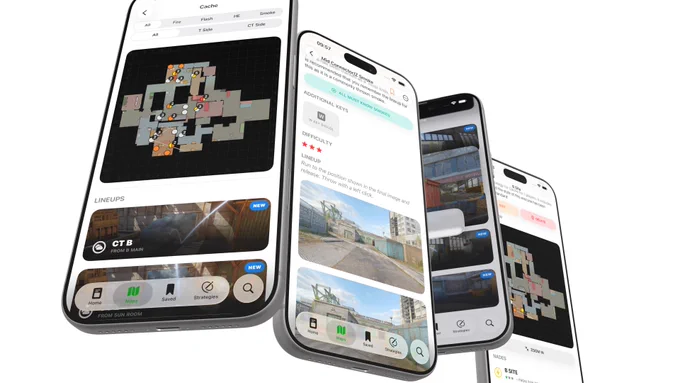 A toss-up of four iPhones showing different screens from the app 'GO NADE'. Specifically around the new areas for the latest Counter-Strike map, Cache.