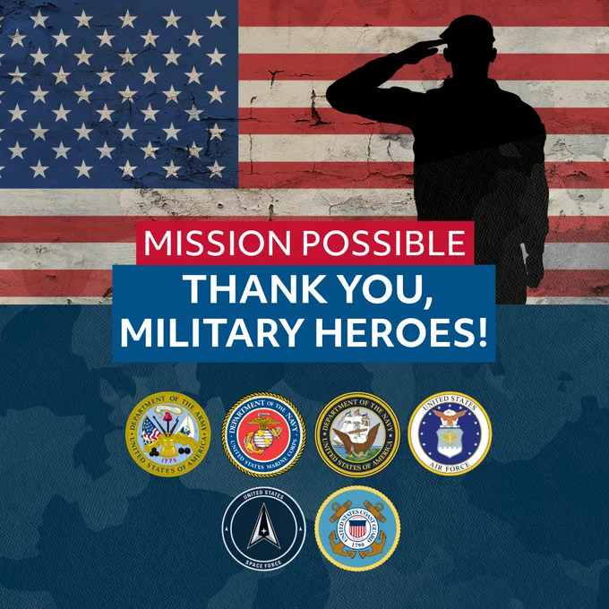 Silhouette of a soldier saluting in front of a weathered American flag above six emblems of the armed forces branches. Mission possible: Thank you, military heroes!