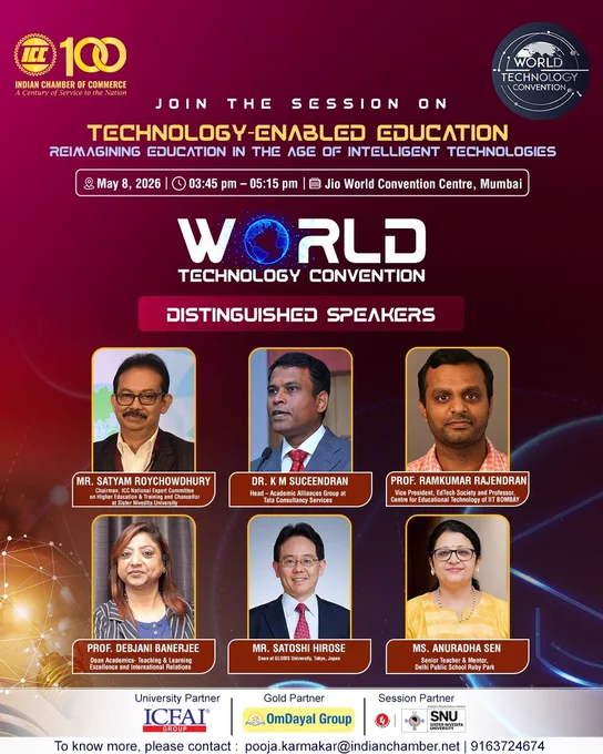 We are glad to welcome thought leaders, innovators, and pioneers in the field of global education to the World Technology Convention. 

Our featured session, titled 'Technology-Enabled Education: Reimagining Learning in the Age of Intelligent Technologies,' promises to be an engaging and insightful experience.

Our discussions will focus on how these advancements are not only transforming traditional educational practices but also empowering educational institutions to adapt and thrive in an ever-evolving environment.

Register now: https://lnkd.in/gE9Z-Y3j

Together, we can explore the limitless possibilities that technology offers in redefining education for a brighter and more inclusive future.

#WorldTechnologyConvention #FutureOfEducation #InnovationInLearning #IndianChamberOfCommerce