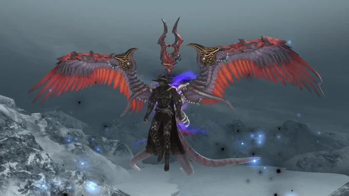 A screenshot from Final Fantasy 14 featuring a player character with a new mount. An Au Ra is floating in the sky with large red and grey feathers protruding from their back in an open wingspan.