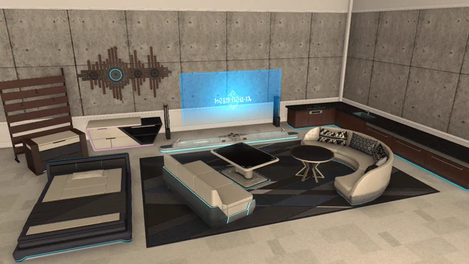 A screenshot from Final Fantasy 14 of an assortment of Solution Nine themed indoor furnishings including a low-rise bed, rug, couches, coffee and side tables, a long counter, a blue holographic screen, wall decor, and storage cupboards.