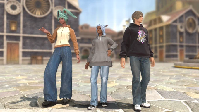A screenshot from Final Fantasy 14 showcasing new crafted attire. Three characters stand in a street wearing casual attire consisting of a sports jacket, oversized hoodie, and a tight fitted hoodie, loose-fit blue jeans, tight worn-out blue jeans, and regular fit blue jeans.