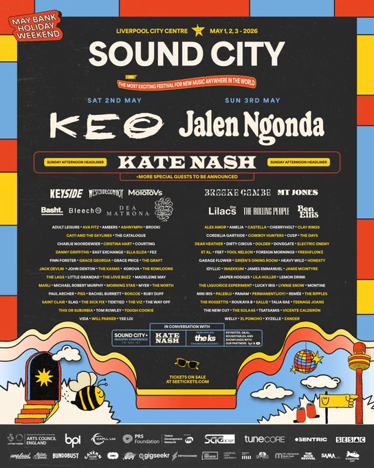 Sound City 2026 music festival poster featuring headliners KEO, Jalen Ngonda, and Kate Nash with colorful retro design elements.