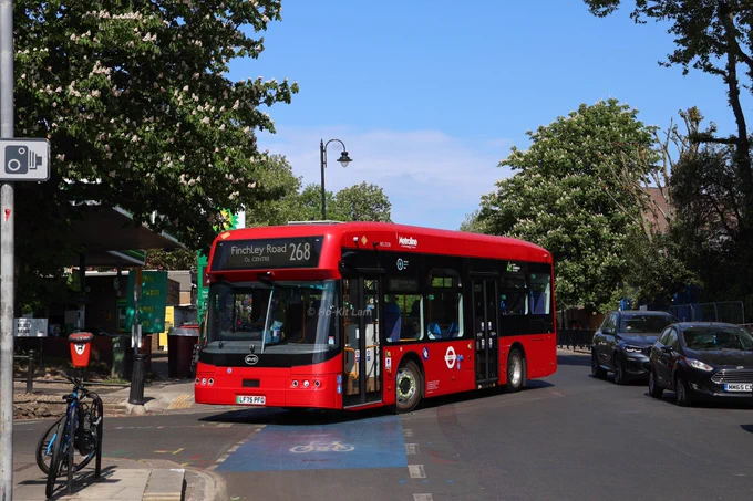 Metroline BEL3238 (LF75PFO) is a red BYD B12 and is pictured in Belsize Park as it heads to Finchley Road, O2 Centre on route 268.