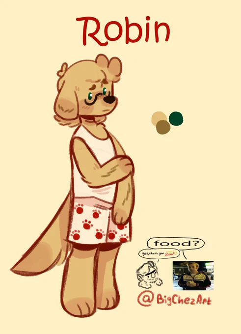 Robin O'Dorable, the nervous, shy golden retriever
he tastes like cinnamon toast crunch :3

(ref sheet made by @BigChezArt (go follow him!!!))