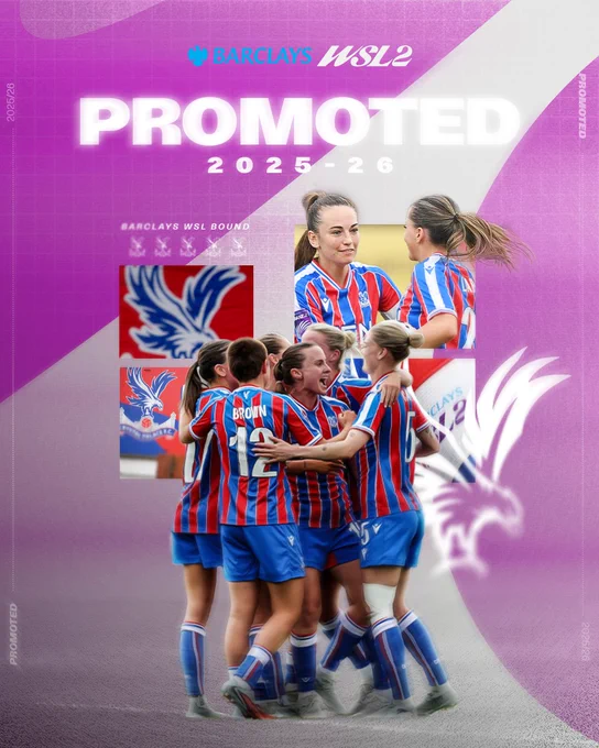 A graphic celebrating Crystal Palace's promotion from the Barclays WSL2. The background features angled blocks of purple and light grey. At the top is the cyan and white Barclays WSL2 logo above massive, glowing white text reading "PROMOTED" and "2025-26". The main body of the graphic is a collage. On the left, small text reads "BARCLAYS WSL BOUND" above close-up photos of the club's crest. On the right, a photo shows two smiling players in their red and blue striped kits. The bottom half is dominated by a large cutout of the team celebrating joyously in a close huddle, wearing their red and blue striped home shirts and blue shorts. A white, glowing, sketched outline of the Crystal Palace eagle crest overlaps the right side of the huddle. Small, vertical text reading "2025/26" and "PROMOTED" runs along the left and right edges of the graphic.