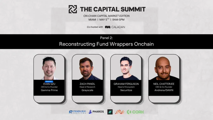 Four speakers are featured, discussing on-chain fund wrappers at The Capital Summit, with Evan Szu as the moderator.