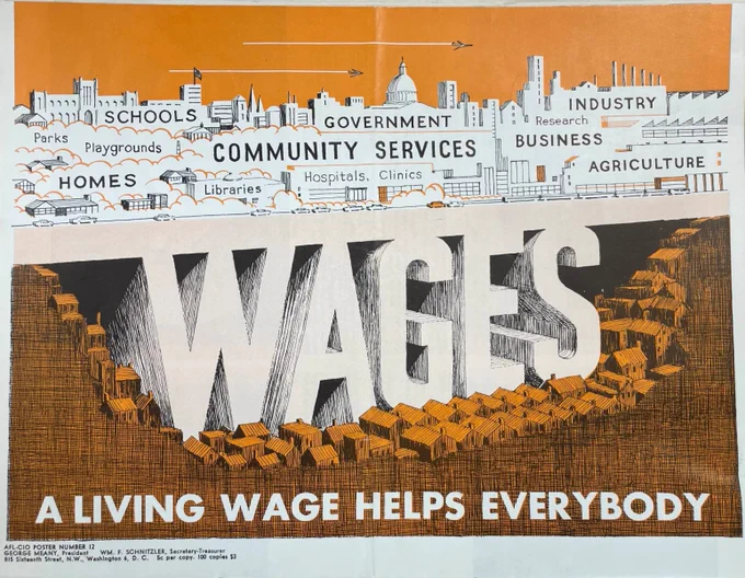 Art of a city labeled with concepts such as homes and community services, with a foundation of the word “wages.” Caption reads, “A living wage helps everybody.”
